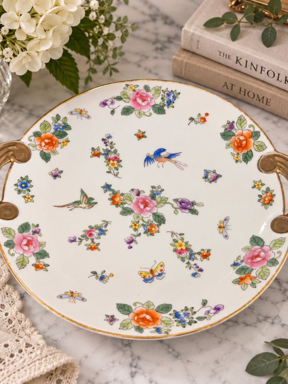 NIPPON Hand Painted 9" Floral Birds Porcelain Tray Gold Handles Roses Butterfly